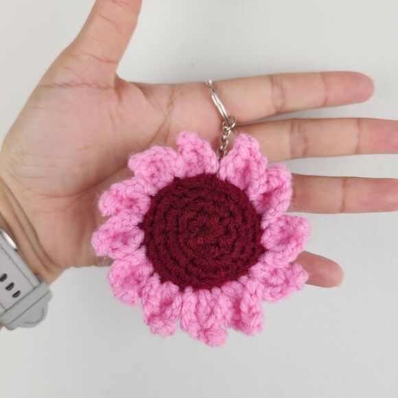New Crochet Burgundy Pink Flower Keychain Handmade Handcrafted - Picture 2 of 6